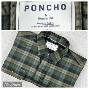 New Poncho Work Shirt Mens L Green Plaid Magnetic Pockets Regular Fit Outdoors